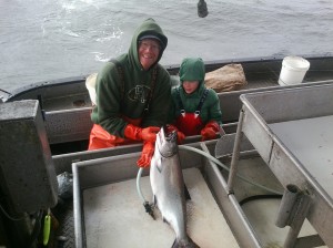My husband and son with an ocean-caught King Salmon aboard the Saint Jude. Fishing Season 2013.